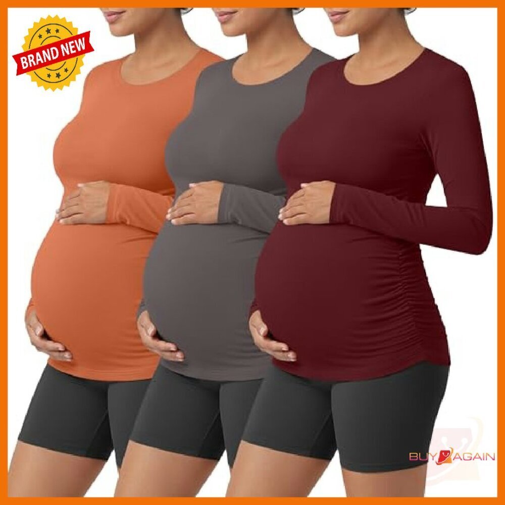 Maternity Long Sleeve Yoga Shirts 3 Pack Side Ruched Athletic Tops - Picture 2 of 7
